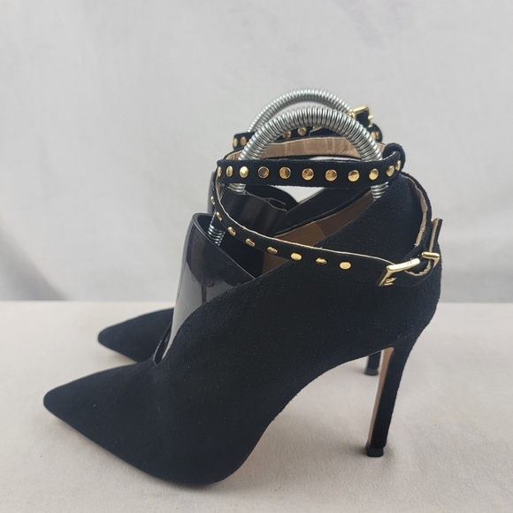 Nordstrom Black Suede Studio genuine suede good studded ankle strap heels Sz 9.5 - Picture 3 of 6